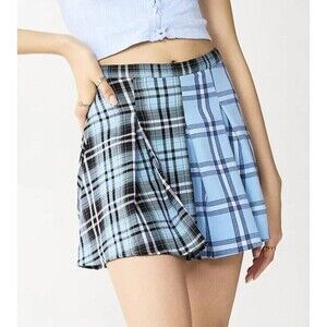 So...  Blue Plaid Pleated Mid Thigh Mini Skirt  Sz 9  NWOT High Waist  Punk  Y2K
